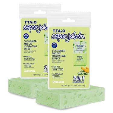 Imagem de T.Taio Esponjabon Soap Sponge - Cleansing Shower Scrubber - Cleaning Bath Wash Scrub - Oil Removal - Massage & Lather Foot, Elbow, & Face - Bathroom Accessories - Cucumber & Melon Soap