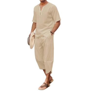 Imagem de COOFANDY Conjunto De 2 Peças De Linho Masculino Camisa Henley Manga Curta E Calças Capri Harém Perna Larga Baggy Praia Calças De Yoga Roupas