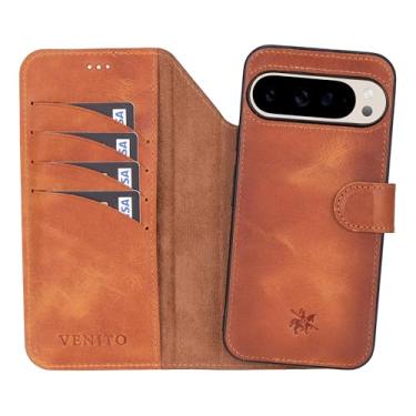 Imagem de Venito Ravenna Capa carteira para Google Pixel 9 Pro XL, carteira feita à mão de couro premium 2 em 1, capa flip magnética destacável, proteção contra quedas/impacto, suporte de 17 cm, marrom antigo