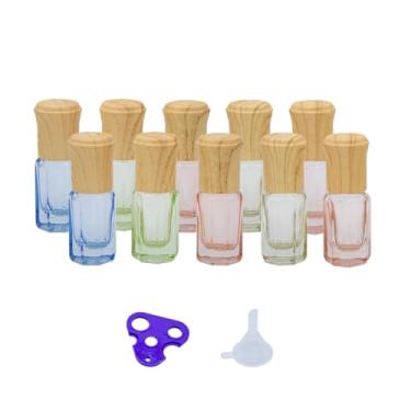 Imagem de Tutuxio 10 minifrascos de 3 ml para óleos essenciais, frascos roll-on de vidro multicoloridos, frascos de perfume com esfera de rolo de aço inoxidável, funis e abridor, recipiente pequeno para