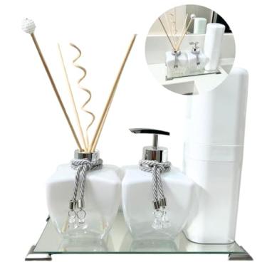 Imagem de Kit Lavabo Banheiro Luxo Branco Completo Bandeja + Porta Escovas + Saboneteira+ Aromatizador - K288 Coleção Ártico (Branco/Prata)