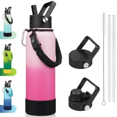 Imagem de BJPKPK Garrafa térmica isolada com tampa de palha, garrafa térmica grande de 1,134 g com 3 tampas, alça de paracord e bota antiderrapante, garrafas de água de metal de aço inoxidável à prova de
