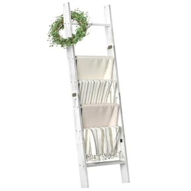 Imagem de Escadas de cobertor honesto para sala de estar, suporte de cobertor de 6 camadas, suporte de cobertor inclinado para parede, prateleiras de escada, escada de colcha de madeira, decoração de fazenda,