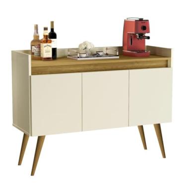 Imagem de Aparador Sala Retrô Pés Palito Em Madeira Maciça - Venezza 3 Portas - Cor: Off White Com Madeirado - Lojas K7