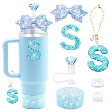Imagem de Liangang Conjunto de acessórios de copo Stanley azul de 7 peças para copo Stanley 850 g 1,134 g, incluindo pingente de letra, tampa à prova de derramamento, canudo de diamante, canudo de laço, bota de