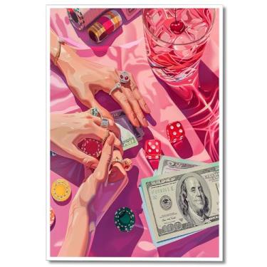 Imagem de Arte de parede em tela de pôquer rosa vintage fofo engraçado coquetel cassino fichas pôster divertido bebidas alcoólicas cereja bar carrinho decoração de parede para dormitório bar festa cozinha