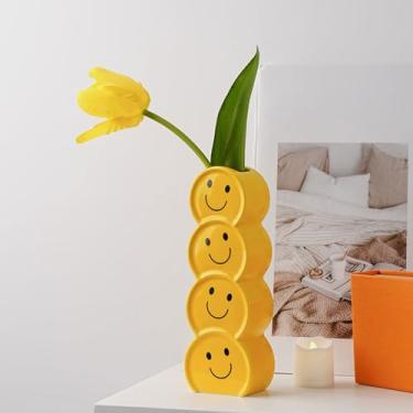Imagem de Smile Face Vaso de cerâmica amarela para decoração de casa para flores e plantas, um pequeno vaso feliz e criativo adequado para estilo moderno, decora sala de estar, mesa de jantar, escritório,