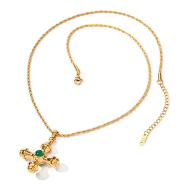 Imagem de Pierced Owl Colar com pingente de cruz central de pedra verde de aço inoxidável banhado a ouro 18 k, One Size, Metal, Sem Pedra Preciosa