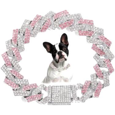 Imagem de Pimaodog Coleira de corrente para cães pequenos, colar de diamante, strass, glitter, metal, estrangulador, elos cubanos, coleira de cristal, joias para cães e gatos (rosa, 50,8 cm)