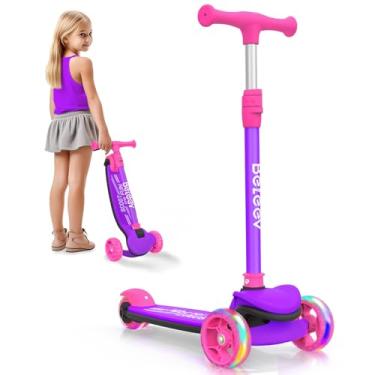 Imagem de Patinete BELEEV para crianças de 3 a 12 anos, dobrável, de 3 rodas para meninas, meninos, rodas de poliuretano com iluminação LED, 4 alturas ajustáveis, inclinadas para dirigir (rosa e roxo)