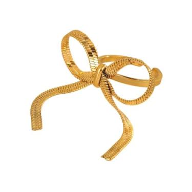 Imagem de Anel aberto feminino de aço inoxidável banhado a ouro 14 quilates com laço grande ajustável expansível para dedos empilháveis, anéis de compromisso, joias modernas, dama de honra, Aço inoxidável Aço