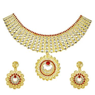 Imagem de Conjunto de gargantilhas de cristal austríaco Kundan CZ tradicional banhado a ouro indiano com brincos para mulheres (SJ_2809)