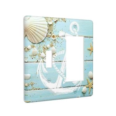 Imagem de Âncora estrela do mar conchas tábuas de madeira rústica náutica 2 gangues capa de interruptor de luz combinação decorativa placa de parede interruptor único interruptor basculante elétrico para cozinha decoração de casa