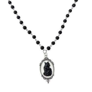 Imagem de Cykdohy Colar gótico retrô preto com pingente de camafeu para mulheres e homens, gótico, steampunk, prata antiga, moldura elíptica, berloque, declaração misteriosa, festa de Halloween, bruxa