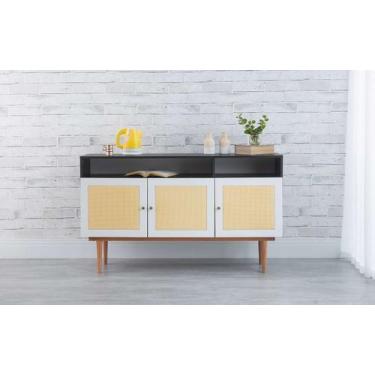 Imagem de Balcão Buffet Pés Palito Madeira 3 Portas Com Nichos Mdf E Palhinha Es