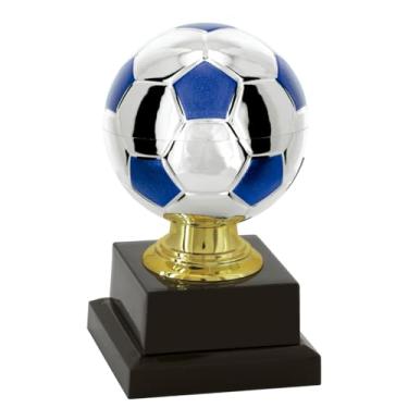 Imagem de Express Medals Troféu de bola de futebol com detalhes azuis e prateados, bola de prata na base dourada, suporte preto