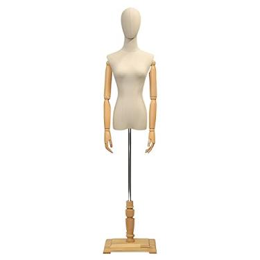 Imagem de CUTPOIY Corpo de manequim feminino bege, forma de vestido de exibição de costura/roupas, suporte de base de madeira maciça, braços removíveis, estilo europeu vintage (tamanho: com braços + cabeça