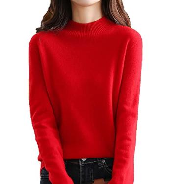 Imagem de Suéter feminino de cashmere com gola alta, 100% cashmere, moda Espessura para todos os jogos Cobertura convencional Vestuário externo Base de cashmere tricotada Suéter feminino (Color : Red, Size :