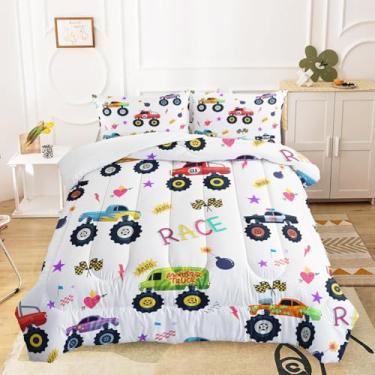 Imagem de QOOMO Conjunto de cama solteiro com desenho animado de caminhão de corrida off-road, 3 peças, carros brancos, para decoração de quarto, caminhões de corrida off-road, colcha com 1 edredom e 2 fronhas