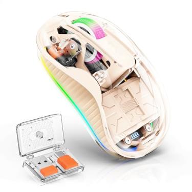Imagem de JieruiDeng Mouse para jogos sem fio transparente, três modos 2,4 G USB + tipo C + 2 BT mouse silencioso sem fio ergonômico RGB para escritório, PC, MacBook, laptop, Chromebook Tablet (creme)