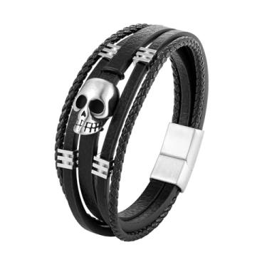 Imagem de FYNSBLE Pulseira masculina de couro crânio, 5 camadas pretas; pulseira de esqueleto de caveira de couro genuíno marrom 361L com fecho de aço inoxidável punk rock, pulseira trançada multicamadas, joias