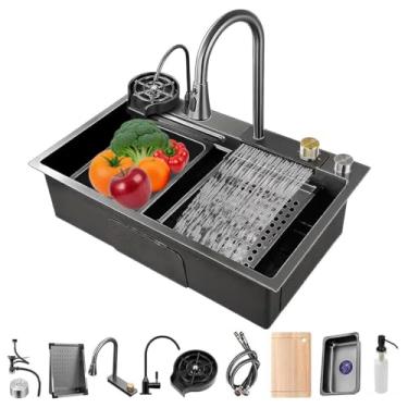 Imagem de Cachoeira de aço inoxidável preta na pia da cozinha com torneira de puxar, botão de montagem superior estação de trabalho de controle pia única com lavador de copos, cesta de drenagem e acessórios (80