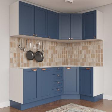 Imagem de Cozinha Modulada 6 Peças Sem Tampo 3 Aéreos 6 Portas E 3 Balcões Arizona Branco/azul