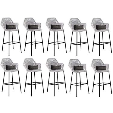 Imagem de Kit 10 Banqueta Alta Com Encosto Balcão Ferro Preto Fibra Cinza Almofada Corino Cinza