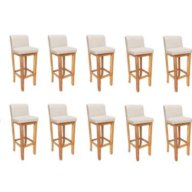 Imagem de Kit 10 Banqueta Alta Com Encosto Aila Balcão Base Madeira Maciça Suede Bege
