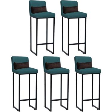 Imagem de Kit 05 Banqueta Alta Com Encosto Industrial Ferro Preto Suede Azul Turquesa E Almofada Marrom