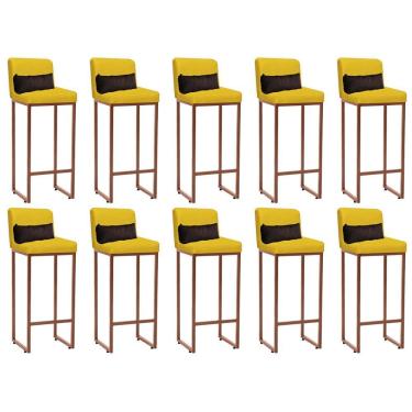 Imagem de Kit 10 Banqueta Alta Com Encosto Balcão Ferro Bronze Suede Amarelo E Almofada Marrom