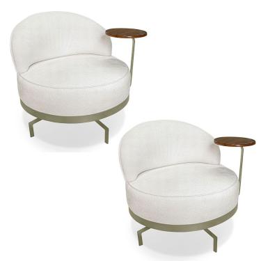 Imagem de Kit 2 Poltronas Decorativa Andromeda Linho Bouclê Base Giratória De Ferro - Pallazio Cor Bege Pérola