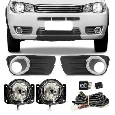 Imagem de Kit Farol de Milha para Palio Way 2015 a 2017 Palio Economy 2014 a 2016 Completo com Grade Moldura Chicote Botão e Relê Auxiliar Neblina (Moldura Cinza Claro com Aro Cromado)