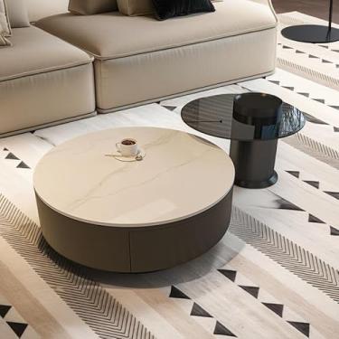 Imagem de Pessy Mesa de centro italiana moderna UFO - Mesa lateral giratória flutuante com gaveta para espaços pequenos, detalhe de sala de estar redonda minimalista de luxo, peça central escultural de 70 cm