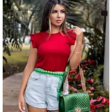 Imagem de Blusa feminina canelada manga curta babado bufante - propria