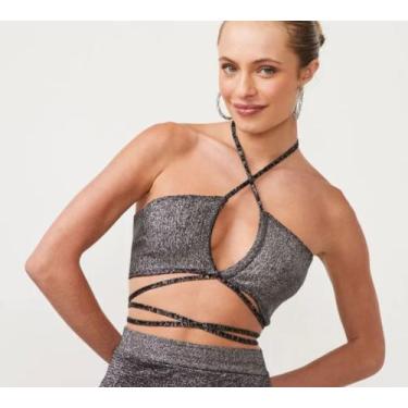 Imagem de Blusa cropped frente unica em trico com decote vazado cinza - dai moda