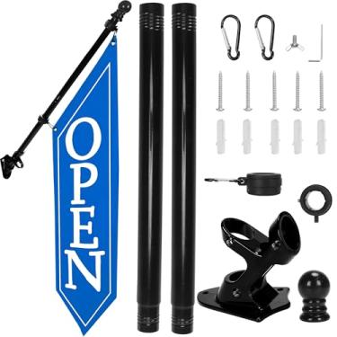 Imagem de Kit de bandeira aberta com mastro - Banner aberto de lona resistente para loja comercial, placa dupla face externa de 106 x 30 cm com suporte - Sinalização publicitária para varejo e lojas (azul)