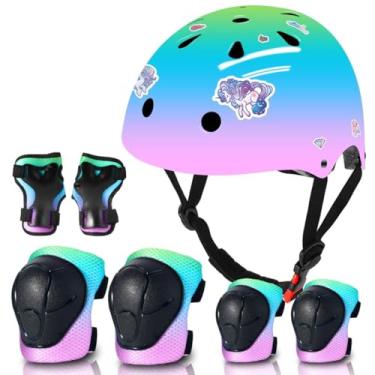 Imagem de Capacete e almofadas de bicicleta gradiente de cor ajustável para crianças de 3 a 5 a 8 a 14 anos + capacete de skate infantil com joelheira, protetores de cotoveleira, patins em linha, longboard