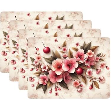 Imagem de Conjunto de 4 jogo americano com revestimento de cortiça, design de plantas, decoração de mesa de jantar e cozinha rígida, 30,5 x 40,6 cm (flor de cerejeira)