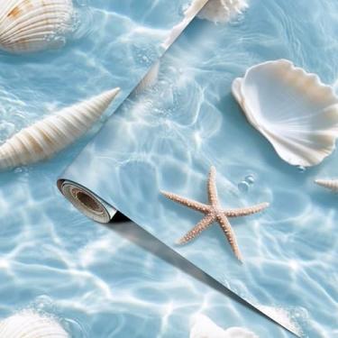 Imagem de HOMETITUTE Papel de parede de praia descascar e colar papel de parede concha e estrela-do-mar adesivo de parede de vinil autoadesivo removível para banheiro decoração de quarto costeiro 39.9 cm x