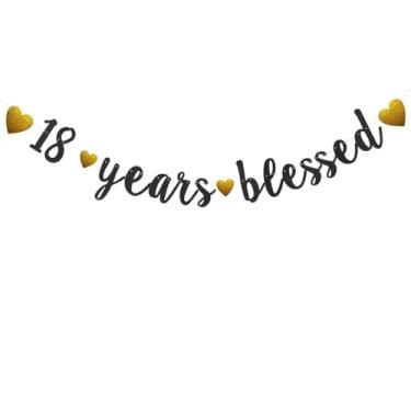 Imagem de 18 Years Blessed Banner, pré-amarrado, faixa de papel com glitter preto para festa de 18 anos de aniversário de 18 anos, suprimentos de decorações de festa de aniversário de 18 anos, sem necessidade