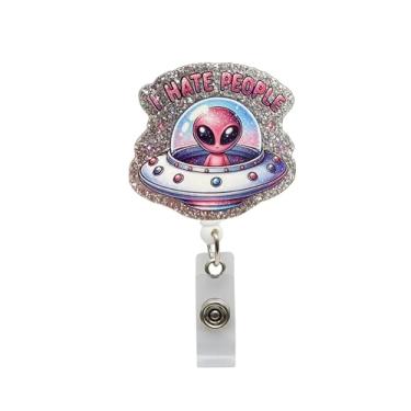 Imagem de Carretel de crachá Alien I Hate People Comical Sassy Nurse Badge Reel, porta-identidade, engraçado, glitter, carretel retrátil com clipe jacaré, suporte de crachá de nome, presente para enfermeiras de