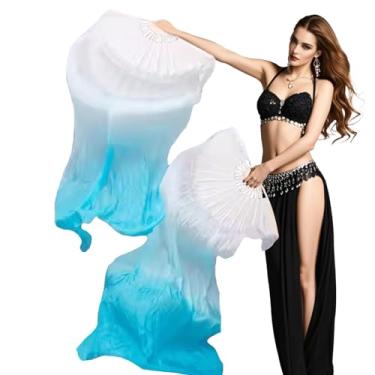 Imagem de Leemiman Par de véus profissionais para fãs de dança do ventre (esquerda + direita), véus de leque de seda sintética de 180 x 90 cm para apresentações de dança oriental (turquesa branca)