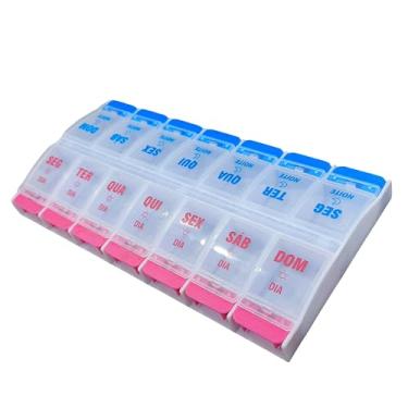 Imagem de Porta Comprimidos Semanal, 14 Compartimentos, 22 x 11,2 x 2,6 cm, Disponível em Cores Sortidas Caixinha de Remédio Organizador de Medicamento Estojo (15 azul e rosa)