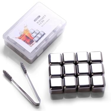 Imagem de Whisky Stones Pacote com 12, cubos de gelo reutilizáveis, tecnologia de alta refrigeração, cubos de gelo de aço inoxidável, para uísque, vodca, licores, vinho, suco de bebida ou refrigerante, pacote