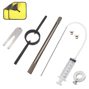 Imagem de Kit universal de ferramentas de serviço de compressor de mola de garfo de motocicleta, ferramenta de nível de óleo do garfo, ferramenta de sangramento da haste do amortecedor, toalha de limpeza para
