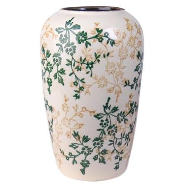 Imagem de ZHIPINHUI Vaso médio de cerâmica pintado à mão de 21,6 cm – botânicos verdes e florais amarelos, esmalte rachado e borda de pátina antiga, arte inspirada na China