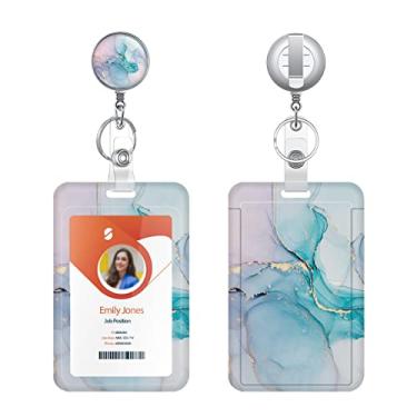 Imagem de Porta-crachá retrátil, carretéis de crachá, porta-cartão de plástico leve com chaveiro clipe de cinto para enfermeira, voluntário, professor, estudante, escritório (T-mármore ciano dourado)