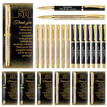 Imagem de Feifeiya Conjunto de 50 lembrancinhas de festa de aniversário de 50 anos com canetas esferográficas pretas e douradas e cartões de agradecimento para mulheres e homens, presentes de agradecimento de