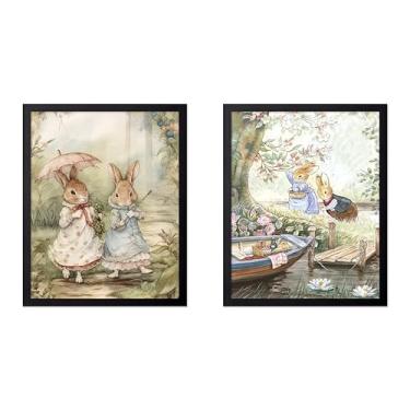 Imagem de Monem Art Pôster vintage de 2 peças Bunny Besties - Impressão de coelhos na floresta - Arte de coelho - Arte de livro de histórias - Arte em aquarela - Arte estética - Decoração de quarto infantil ou